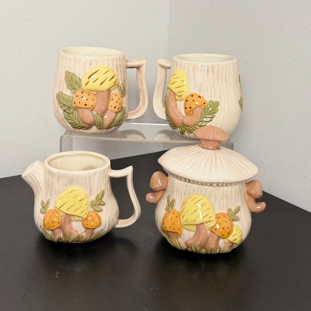 Vintage Arnels Mushroom Ceramic Set Mugs Creamer Sugar Bowl Retro 70s Pottery - Picture 3 of 12
